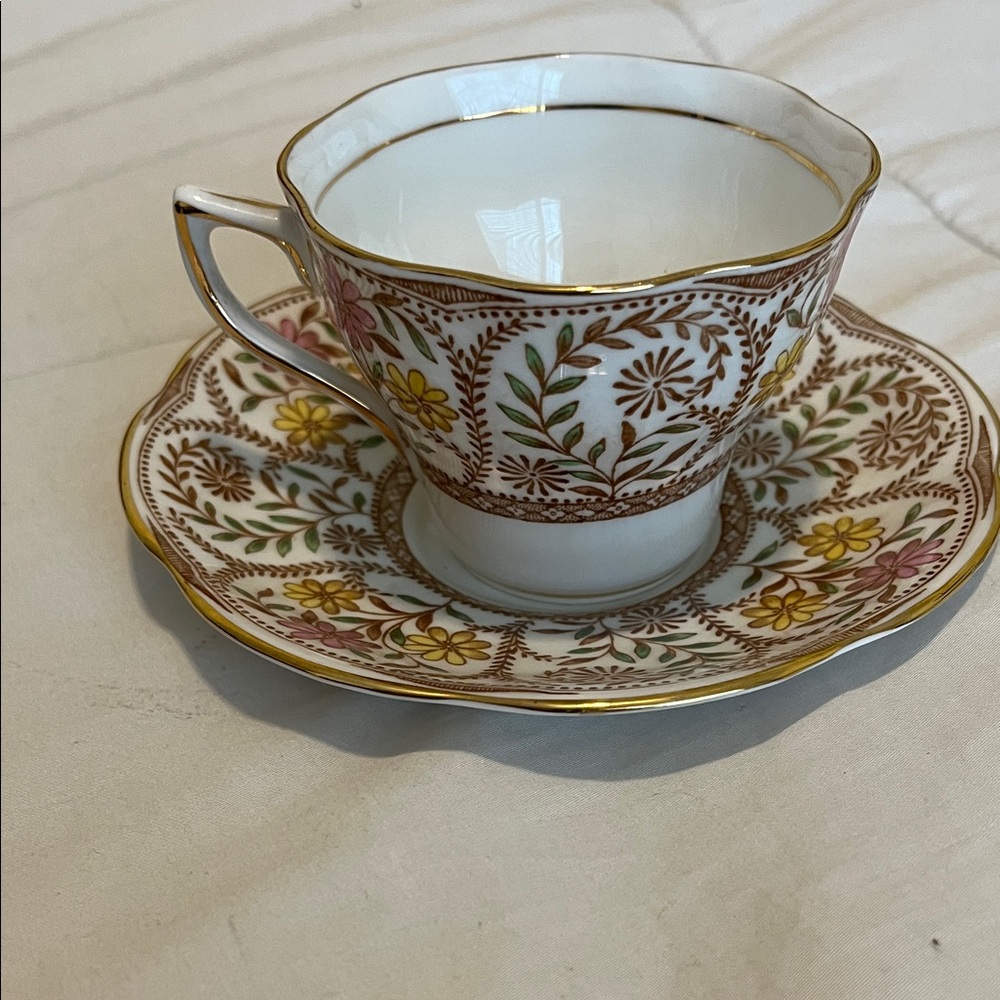 Rosina England none China Floral Teacup and Saucer Set with Gold Trim